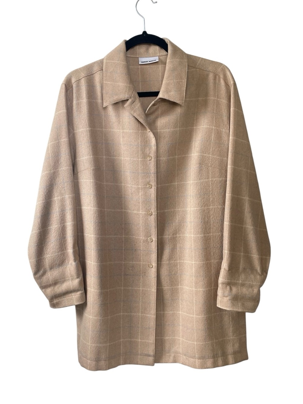 Gerry Weber Vintage Brushed Wool Windowpane Check Longline Shacket Camel 6